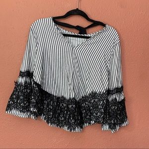 Zara black striped lace blouse bell sleeve white